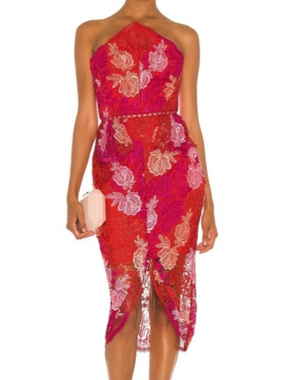 S Elliatt Red Floral Lace Strapless Dress